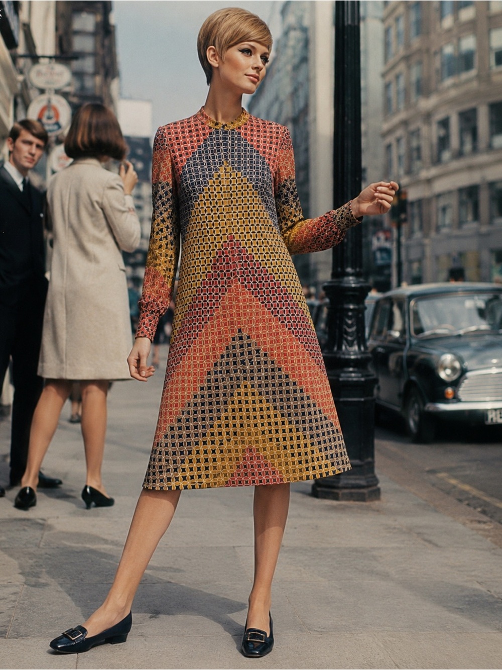 💎 LANVIN C.1967 PARIS NEW YORK OP ART GEOMETRIC MIDI DRESS